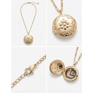 Nordstrom Gold Floral Locket Necklace Photo Pendant Figaro Chain Heirloom